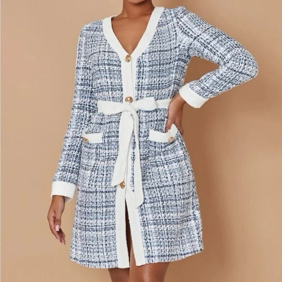 Shein Dresses | Blue White Tweed Dress | Color: Blue/White | Size: Xs | Simonasarah's Closet